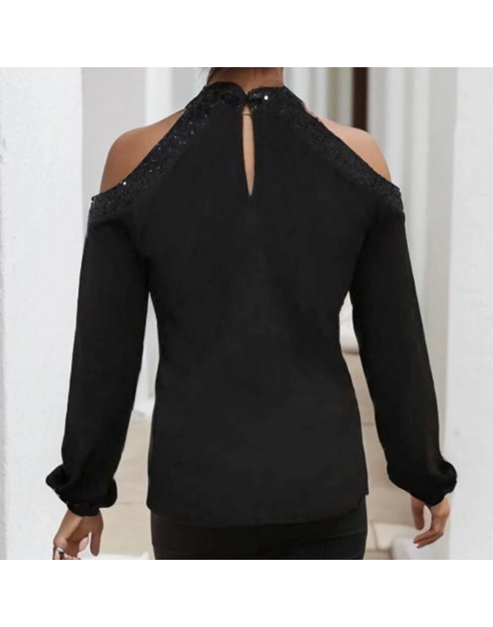 Kadın Uzun Kollu Bisiklet Yaka Omuz Açık Detaylı Krep Bluz