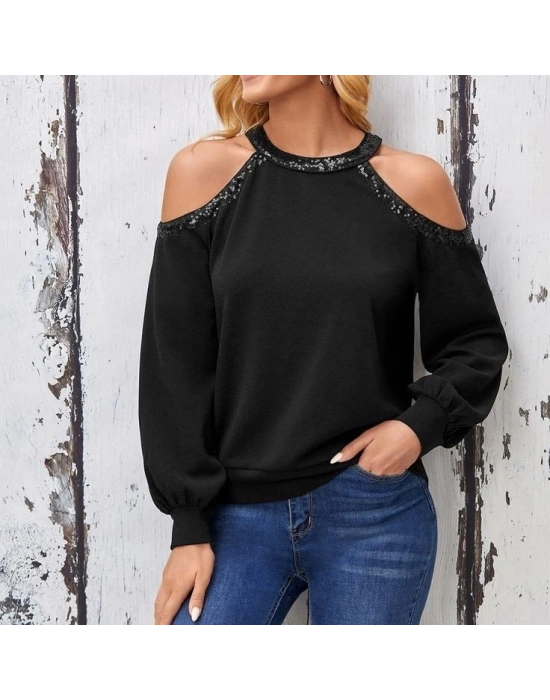 Kadın Uzun Kollu Bisiklet Yaka Omuz Açık Detaylı Krep Bluz