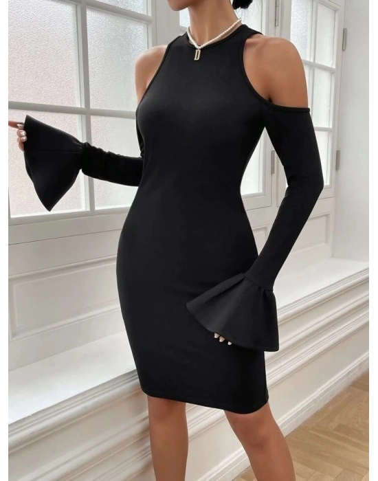 Kadın Uzun Kollu Bisiklet Yaka Omuz Açık Kol Ağzı Fırfır Detay Dalgıç Midi Boy Elbise