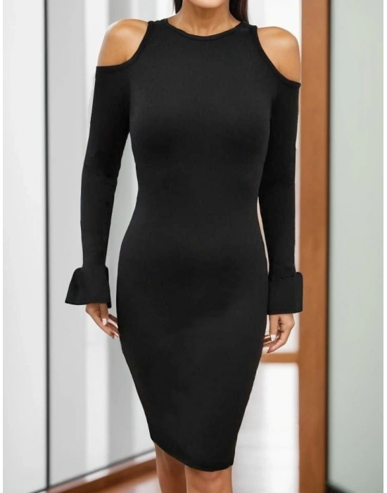 Kadın Uzun Kollu Bisiklet Yaka Omuz Açık Kol Ağzı Fırfır Detay Dalgıç Midi Boy Elbise