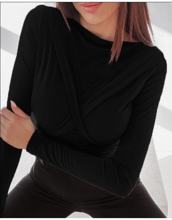 Kadın Uzun Kollu Bisiklet Yaka Omuzdan Uzun şerit Sırtta Bağlanan Kuşak Detay Viskon Bluz