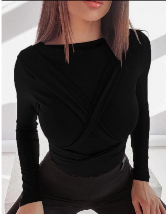 Kadın Uzun Kollu Bisiklet Yaka Omuzdan Uzun şerit Sırtta Bağlanan Kuşak Detay Viskon Bluz