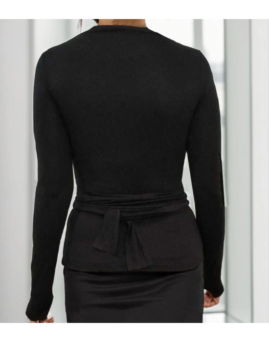 Kadın Uzun Kollu Bisiklet Yaka Omuzdan Uzun şerit Sırtta Bağlanan Kuşak Detay Viskon Bluz