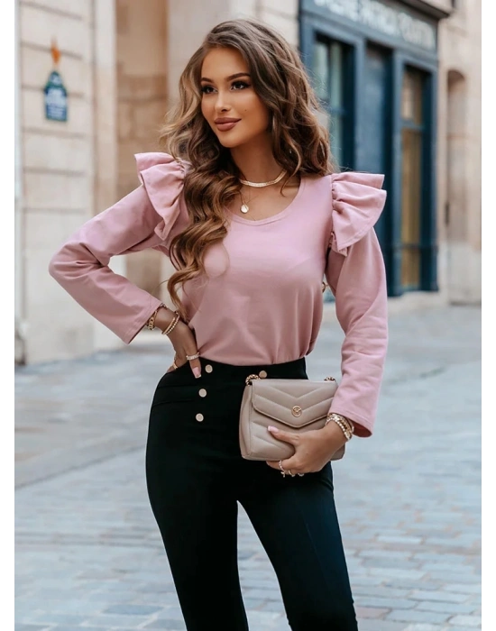 Kadın Uzun Kollu Bisiklet Yaka Omuzlar Volanlı Iki Iplik Bluz