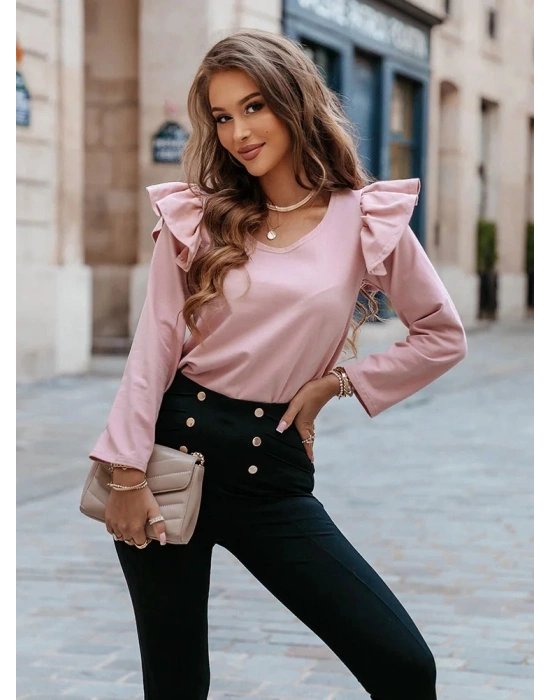 Kadın Uzun Kollu Bisiklet Yaka Omuzlar Volanlı Iki Iplik Bluz