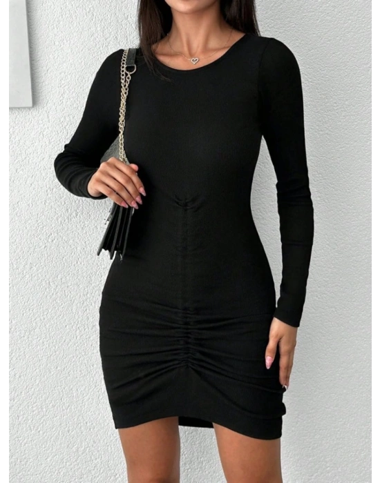 Kadın Uzun Kollu Bisiklet Yaka ön Büzgülü Kaşkorse Elbise