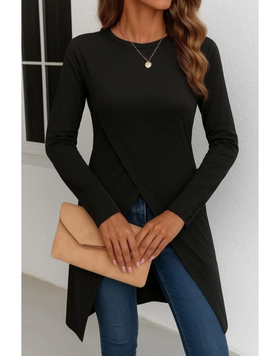 Kadın Uzun Kollu Bisiklet Yaka önden çapraz Kesim Detay Midi Viskon Bluz