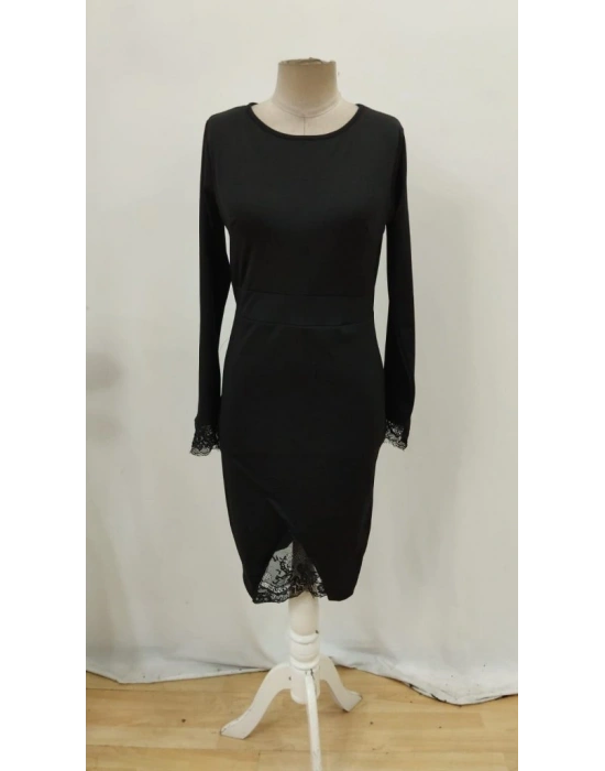 Kadın Uzun Kollu Bisiklet Yaka önden Dantel Ve Yırtmaç Detaylı Dalgıç Elbise