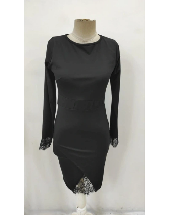 Kadın Uzun Kollu Bisiklet Yaka önden Dantel Ve Yırtmaç Detaylı Dalgıç Elbise