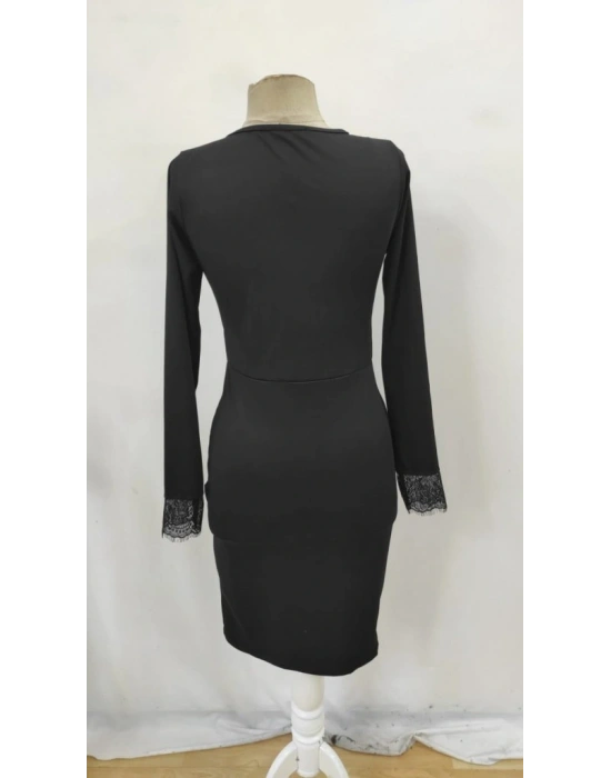 Kadın Uzun Kollu Bisiklet Yaka önden Dantel Ve Yırtmaç Detaylı Dalgıç Elbise