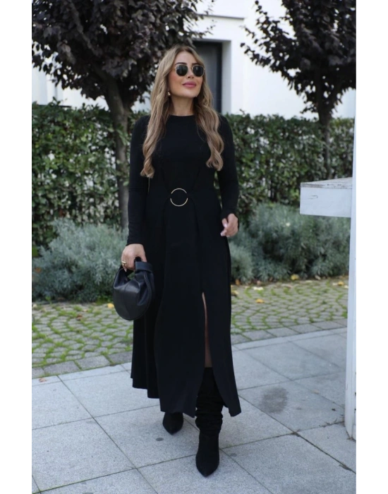 Kadın Uzun Kollu Bisiklet Yaka önden Halka Detaylı Yırtmaçlı Uzun Viskon Iki Iplik Elbise