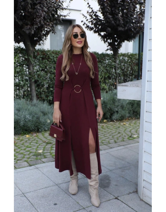 Kadın Uzun Kollu Bisiklet Yaka önden Halka Detaylı Yırtmaçlı Uzun Viskon Iki Iplik Elbise