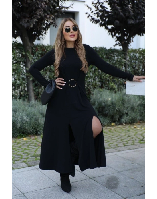 Kadın Uzun Kollu Bisiklet Yaka önden Halka Detaylı Yırtmaçlı Uzun Viskon Iki Iplik Elbise