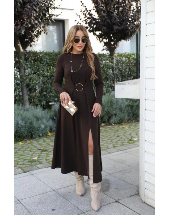 Kadın Uzun Kollu Bisiklet Yaka önden Halka Detaylı Yırtmaçlı Uzun Viskon Iki Iplik Elbise