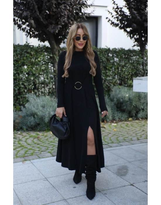 Kadın Uzun Kollu Bisiklet Yaka önden Halka Detaylı Yırtmaçlı Uzun Viskon Iki Iplik Elbise