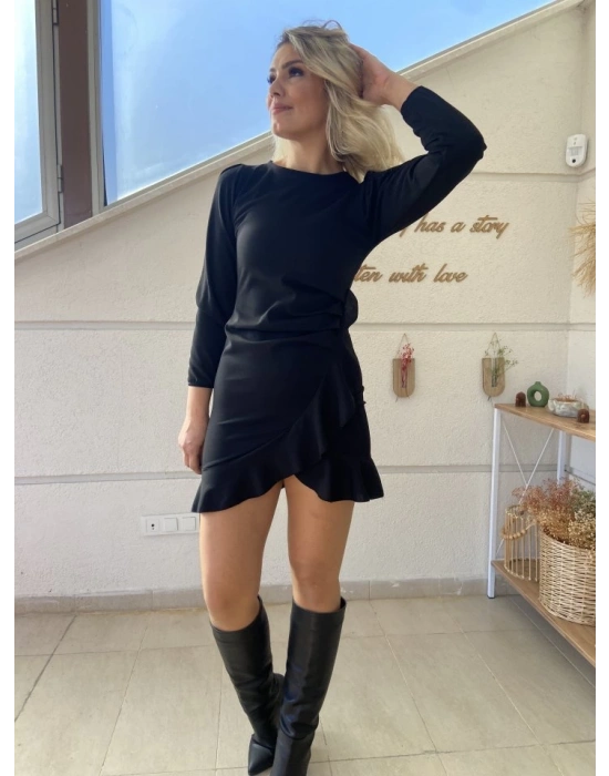 Kadın Uzun Kollu Bisiklet Yaka önden Volanlı Ithal Krep Elbise