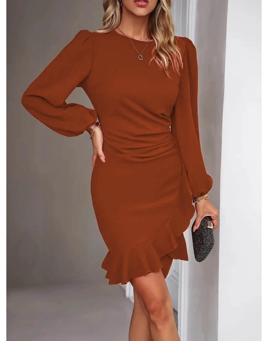 Kadın Uzun Kollu Bisiklet Yaka önden Volanlı Ithal Krep Elbise