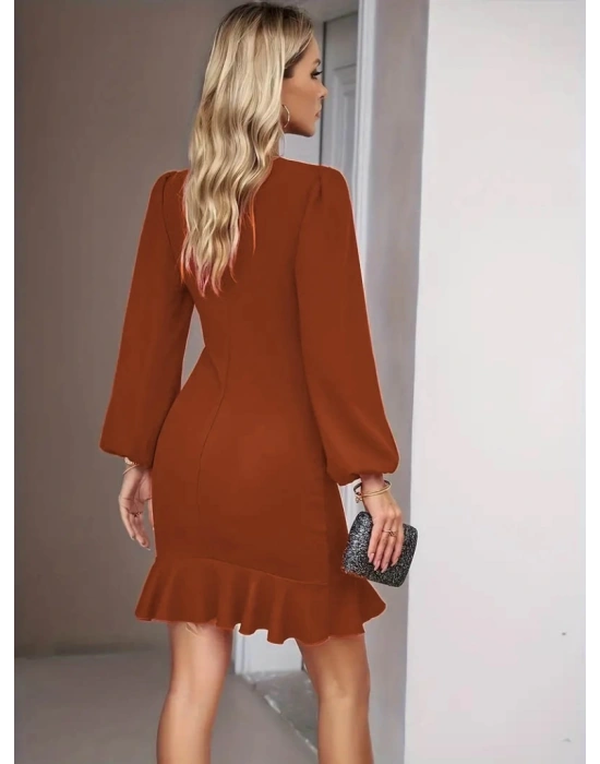 Kadın Uzun Kollu Bisiklet Yaka önden Volanlı Ithal Krep Elbise