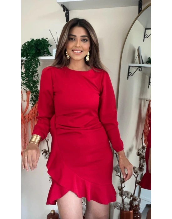 Kadın Uzun Kollu Bisiklet Yaka önden Volanlı Ithal Krep Elbise