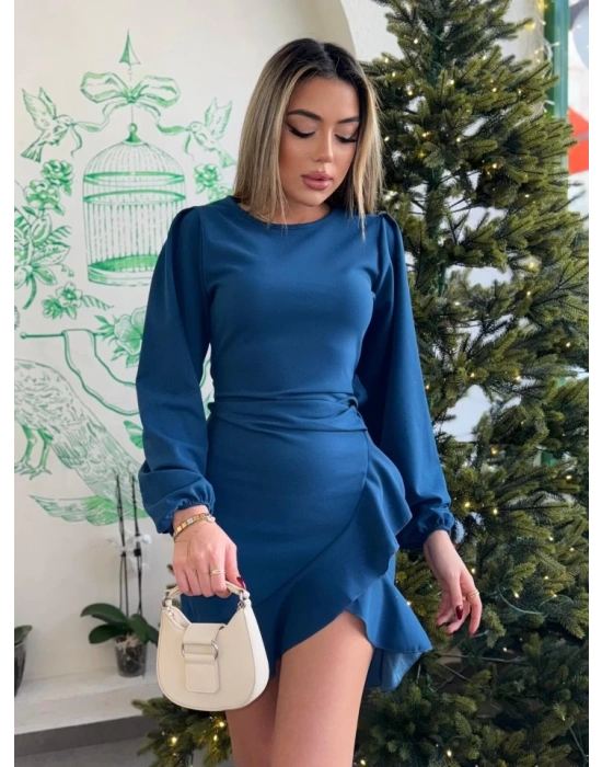 Kadın Uzun Kollu Bisiklet Yaka önden Volanlı Ithal Krep Elbise