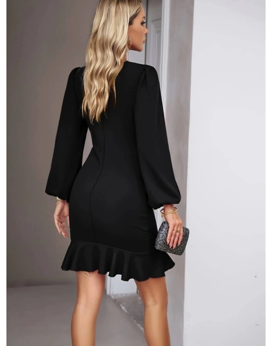 Kadın Uzun Kollu Bisiklet Yaka önden Volanlı Ithal Krep Elbise