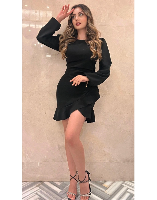 Kadın Uzun Kollu Bisiklet Yaka önden Volanlı Ithal Krep Elbise