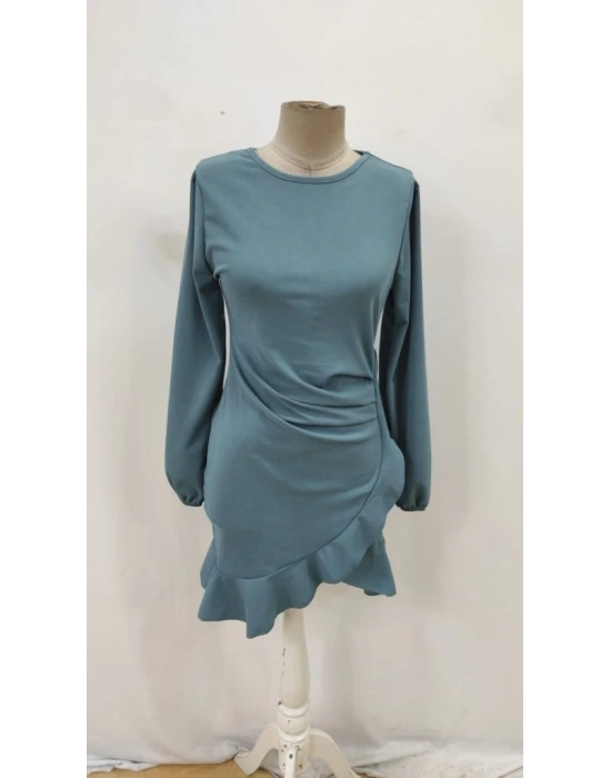 Kadın Uzun Kollu Bisiklet Yaka önden Volanlı Ithal Krep Elbise