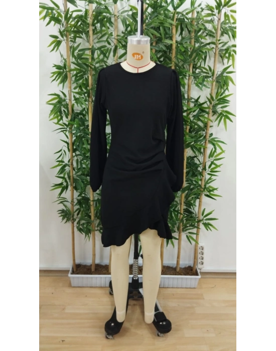 Kadın Uzun Kollu Bisiklet Yaka önden Volanlı Ithal Krep Elbise