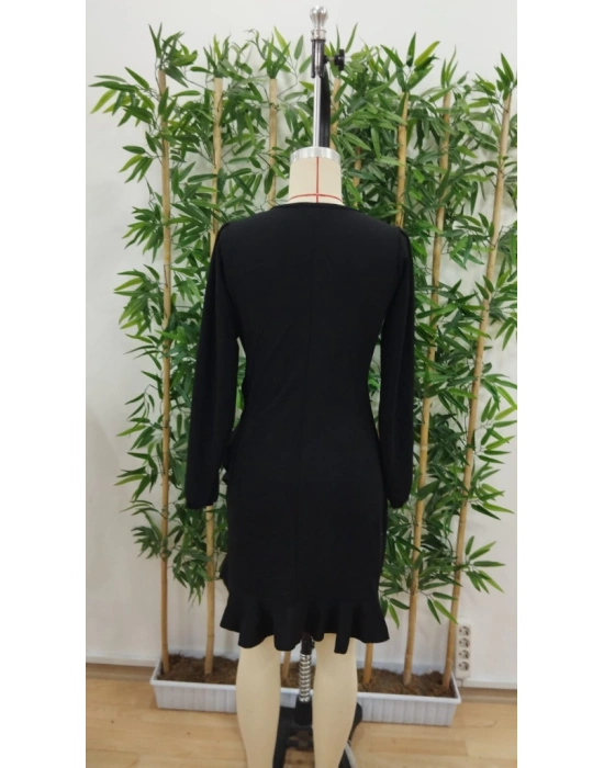 Kadın Uzun Kollu Bisiklet Yaka önden Volanlı Ithal Krep Elbise