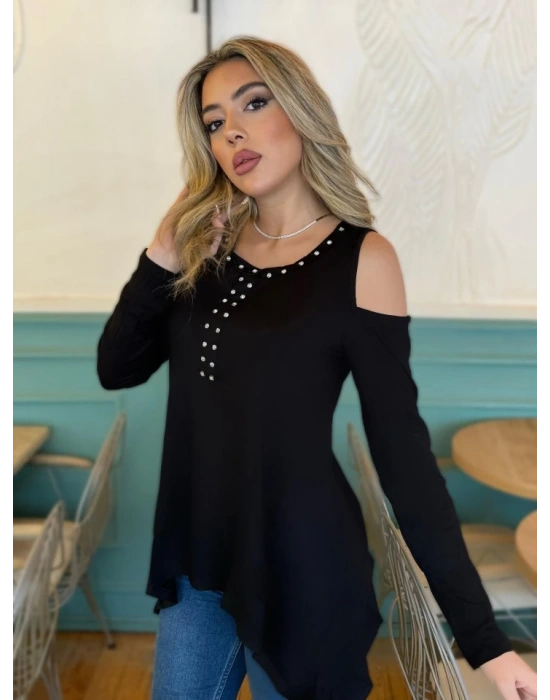 Kadın Uzun Kollu Bisiklet Yaka önü Taşlı Omuzu Açık Etek Ucu Asimetrik Kesim Viskon Bluz