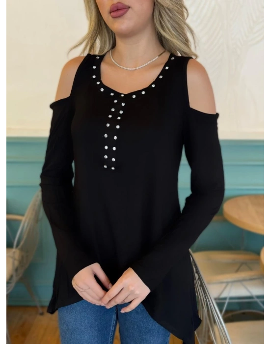 Kadın Uzun Kollu Bisiklet Yaka önü Taşlı Omuzu Açık Etek Ucu Asimetrik Kesim Viskon Bluz