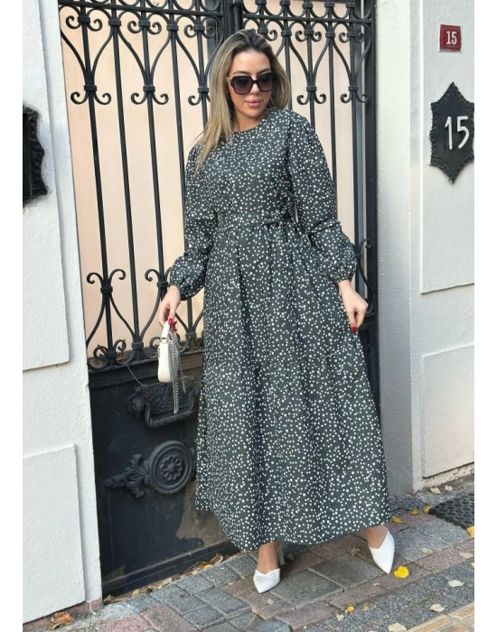 Kadın Uzun Kollu Bisiklet Yaka Papatya Desen Kuşak Dahil Maxi Boy Elbise