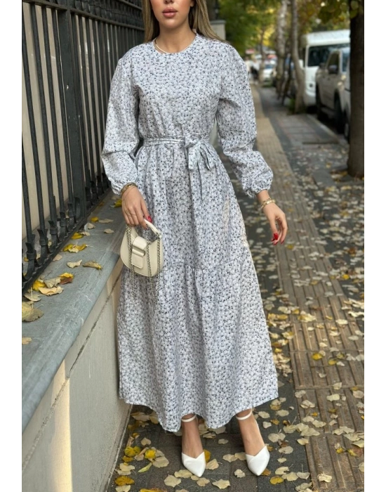 Kadın Uzun Kollu Bisiklet Yaka Papatya Desen Kuşak Dahil Maxi Boy Elbise