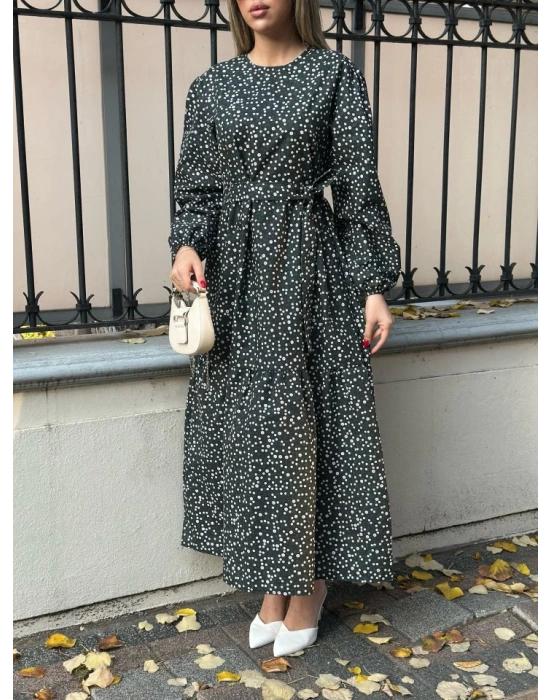 Kadın Uzun Kollu Bisiklet Yaka Papatya Desen Kuşak Dahil Maxi Boy Elbise