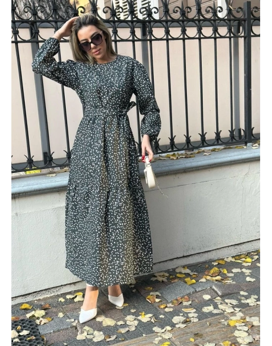 Kadın Uzun Kollu Bisiklet Yaka Papatya Desen Kuşak Dahil Maxi Boy Elbise