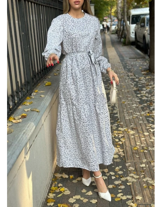 Kadın Uzun Kollu Bisiklet Yaka Papatya Desen Kuşak Dahil Maxi Boy Elbise