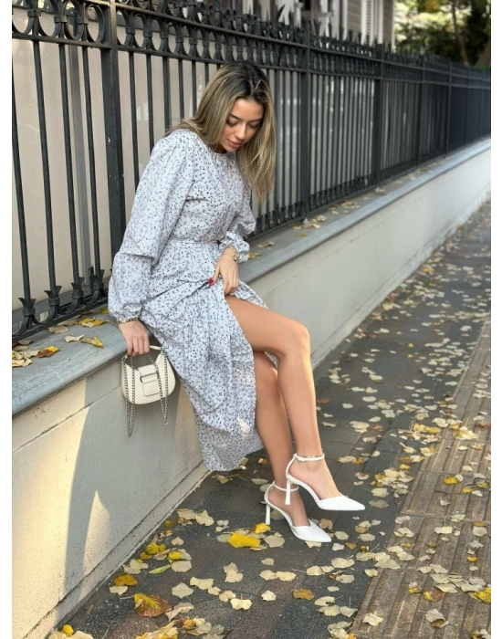 Kadın Uzun Kollu Bisiklet Yaka Papatya Desen Kuşak Dahil Maxi Boy Elbise