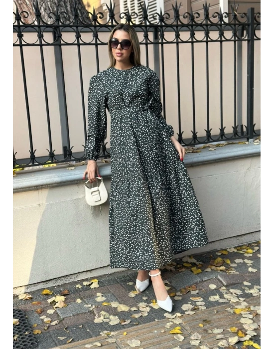 Kadın Uzun Kollu Bisiklet Yaka Papatya Desen Kuşak Dahil Maxi Boy Elbise