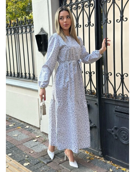 Kadın Uzun Kollu Bisiklet Yaka Papatya Desen Kuşak Dahil Maxi Boy Elbise