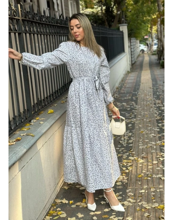 Kadın Uzun Kollu Bisiklet Yaka Papatya Desen Kuşak Dahil Maxi Boy Elbise