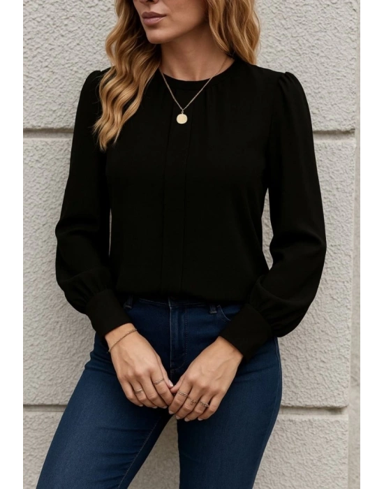 Kadın Uzun Kollu Bisiklet Yaka Pileli Ithal Krep Bluz
