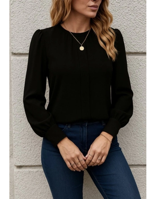 Kadın Uzun Kollu Bisiklet Yaka Pileli Ithal Krep Bluz