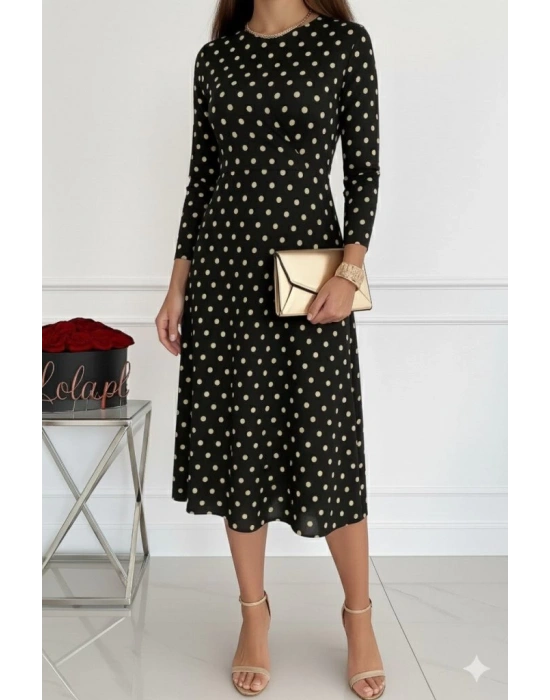 Kadın Uzun Kollu Bisiklet Yaka Puantiyeli örme Krep Midi Elbise