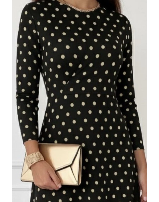 Kadın Uzun Kollu Bisiklet Yaka Puantiyeli örme Krep Midi Elbise