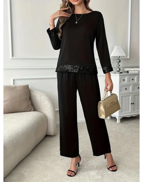 Kadın Uzun Kollu Bisiklet Yaka Pulpayetli Viskon Iki Iplik Bluz Ve Pantolon Ikili Takım