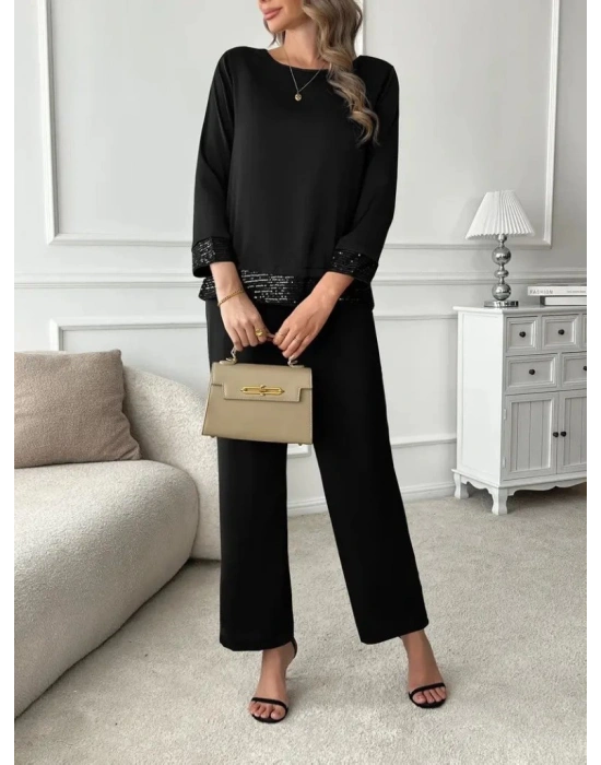 Kadın Uzun Kollu Bisiklet Yaka Pulpayetli Viskon Iki Iplik Bluz Ve Pantolon Ikili Takım