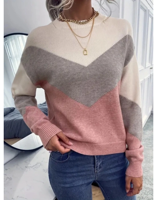 Kadın Uzun Kollu Bisiklet Yaka Renk Bloklu Triko Bluz