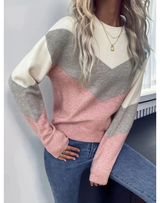 Kadın Uzun Kollu Bisiklet Yaka Renk Bloklu Triko Bluz