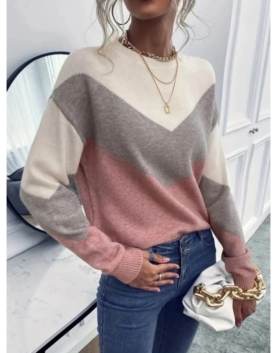 Kadın Uzun Kollu Bisiklet Yaka Renk Bloklu Triko Bluz