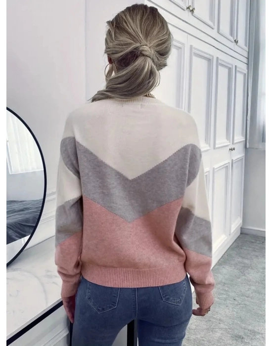 Kadın Uzun Kollu Bisiklet Yaka Renk Bloklu Triko Bluz